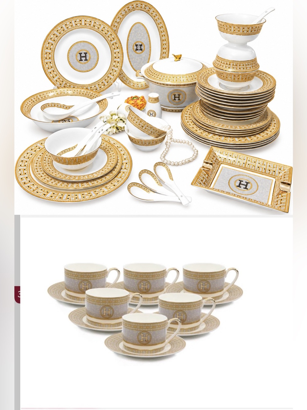 Elegant White and Gold Mosaic Bone China Dinnerware Set, Serving for 6